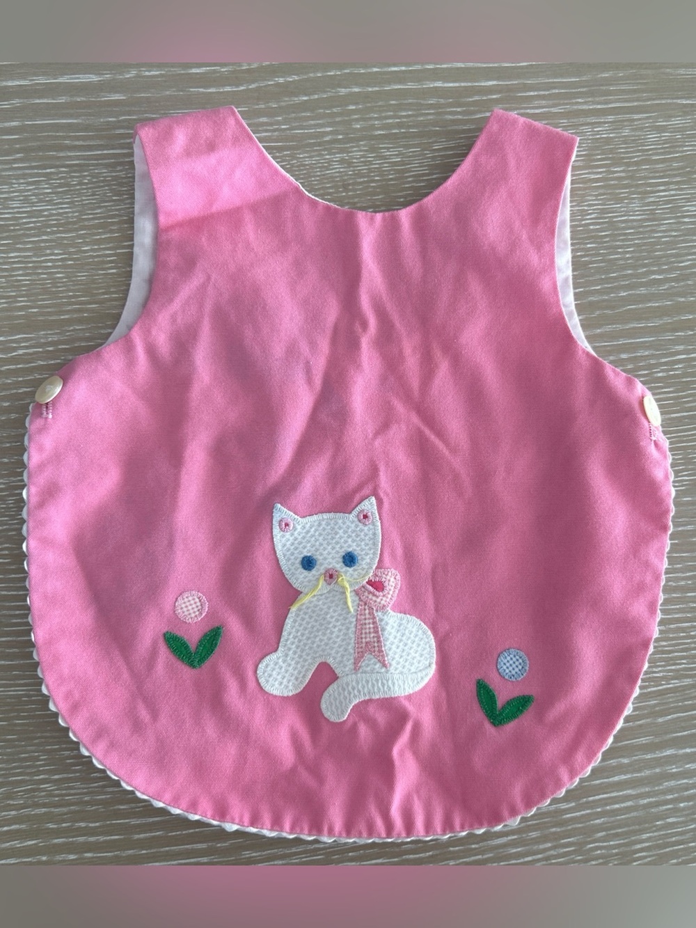 Vintage Toddler Girls Pink Pinafore Dress Cat Applique Scalloped Trim Button